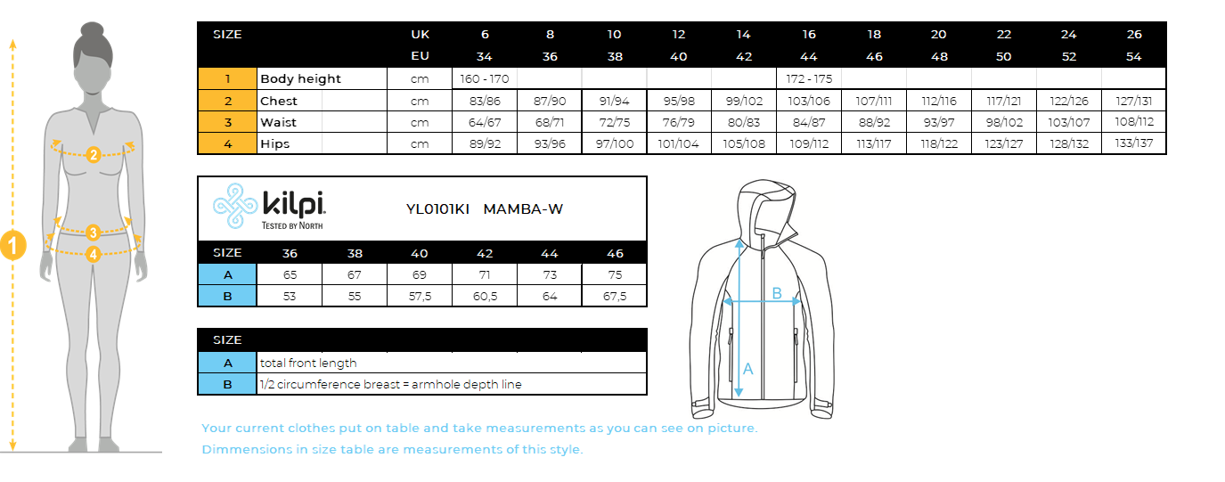 DONNAla giacca a membrana Kilpi MAMBA-W – Size chart