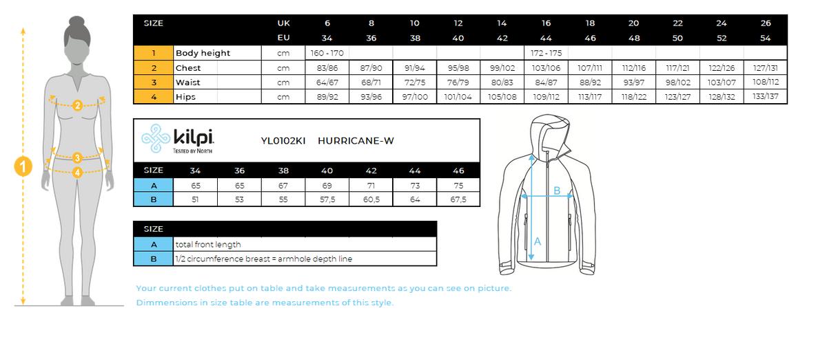 Women's waterproof outdoor jacket Kilpi HURRICANE-W – Size chart
