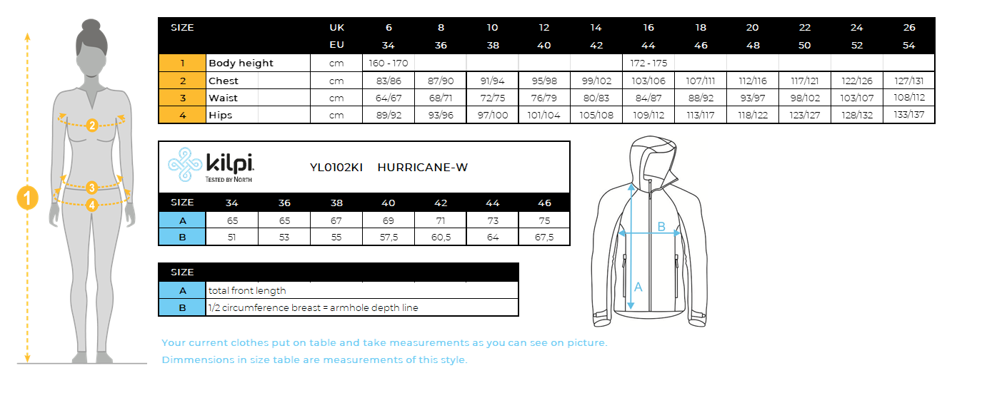 Women's waterproof outdoor jacket Kilpi HURRICANE-W – Size chart