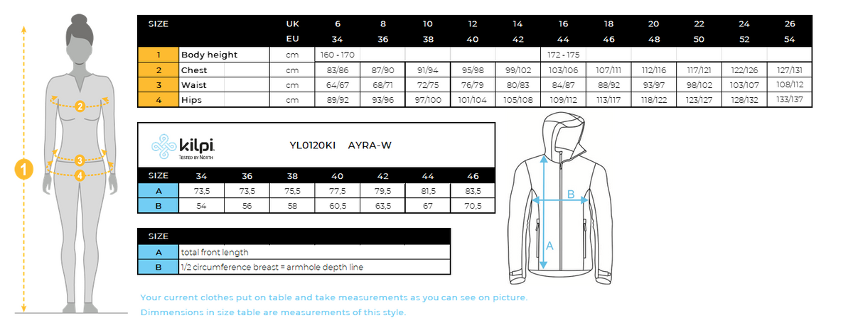 DONNAil cappotto da esterno Kilpi AYRA-W – Size chart