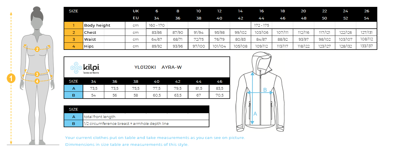 DONNAil cappotto da esterno Kilpi AYRA-W – Size chart
