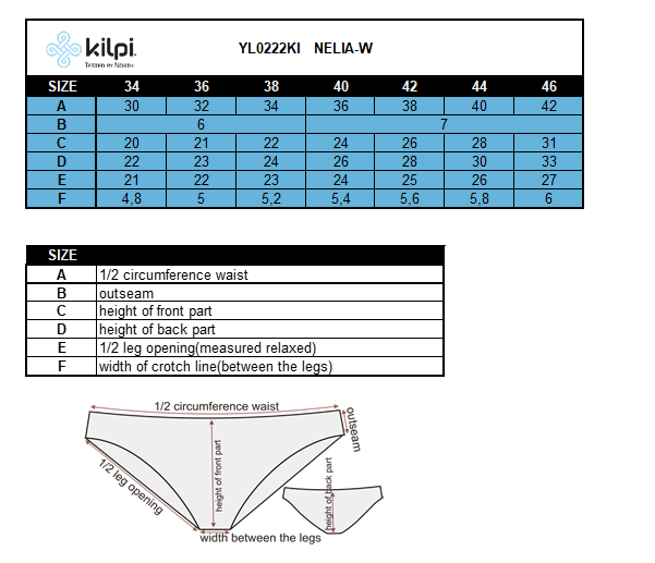 Women's panties Kilpi 2P NELIA-W – Size chart