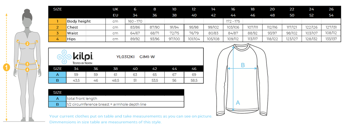 DONNALa maglietta tecnica a maniche lunghe di Kilpi GIMI-W – Size chart