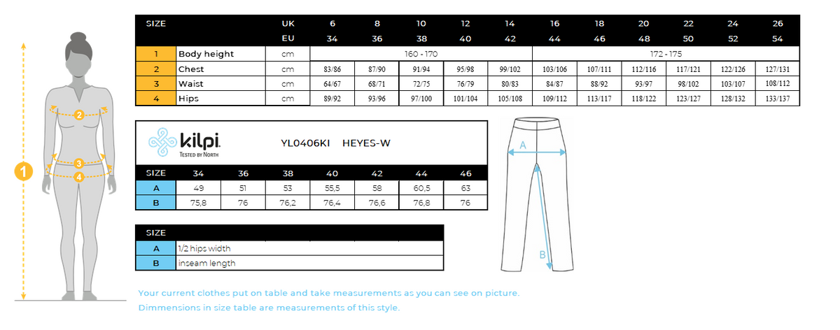 DONNAha i pantaloni da corsa Kilpi HEYES-W – Size chart