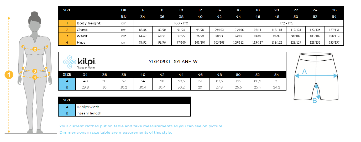 DONNAi pantaloncini da esterno Kilpi SYLANE-W – Size chart