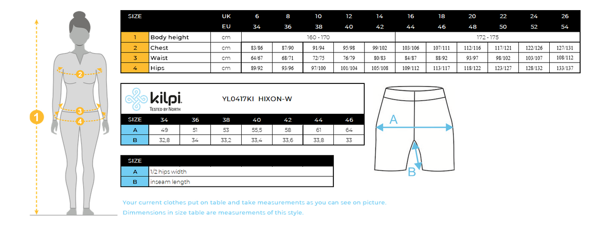 Women's cycling trail shorts hixon w Kilpi HIXON-W – Size chart