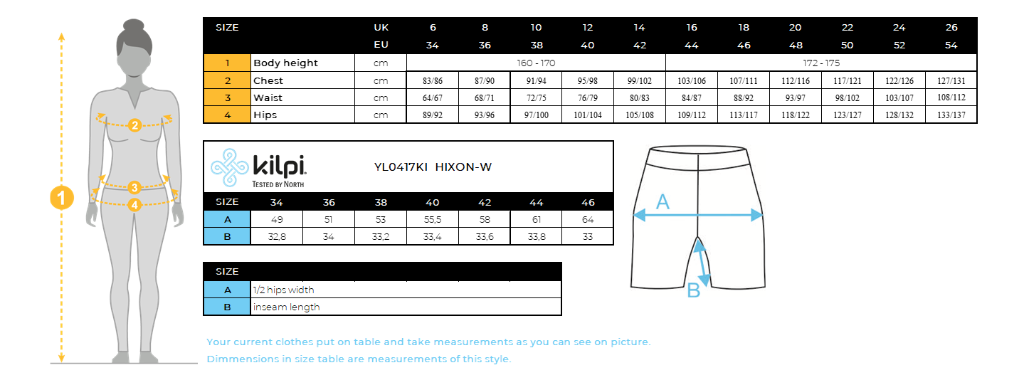 Women's cycling trail shorts hixon w Kilpi HIXON-W – Size chart