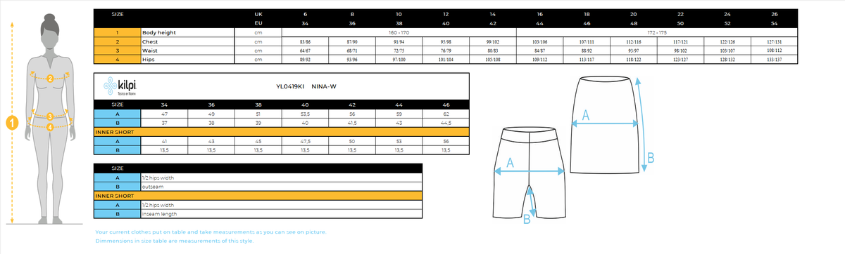 DONNALa gonna da esterno con pantaloncini interni Kilpi NINA-W – Size chart