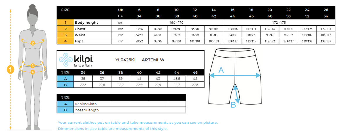 Women's shorts Kilpi ARTEMI-W – Size chart