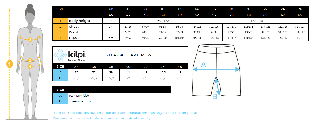 Women's shorts Kilpi ARTEMI-W – Size chart