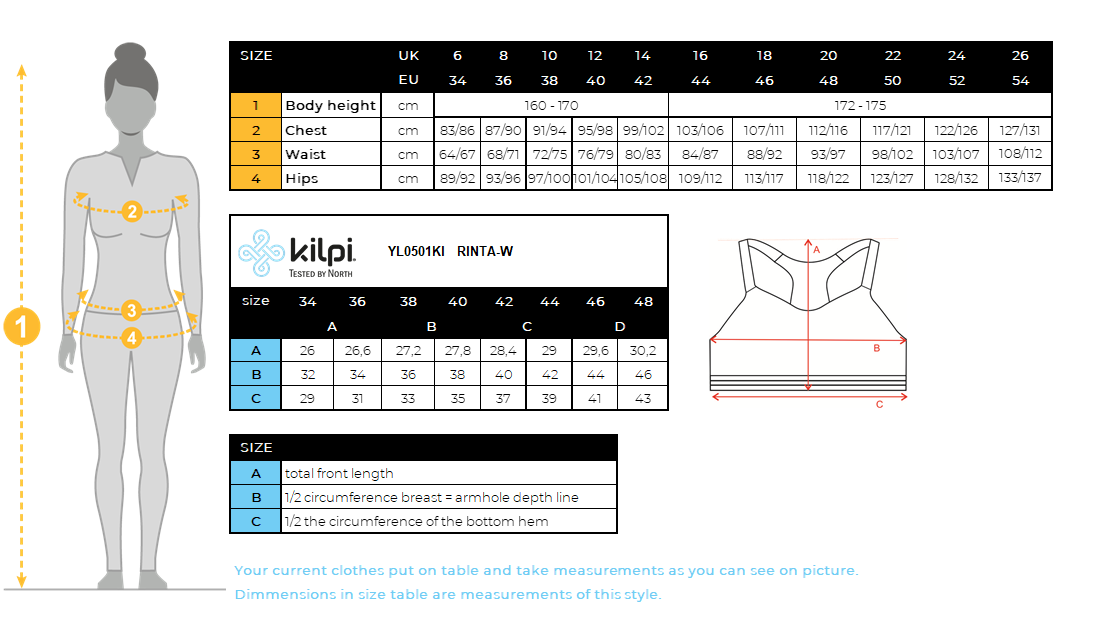 Women's sports bra Kilpi RINTA-W – Size chart
