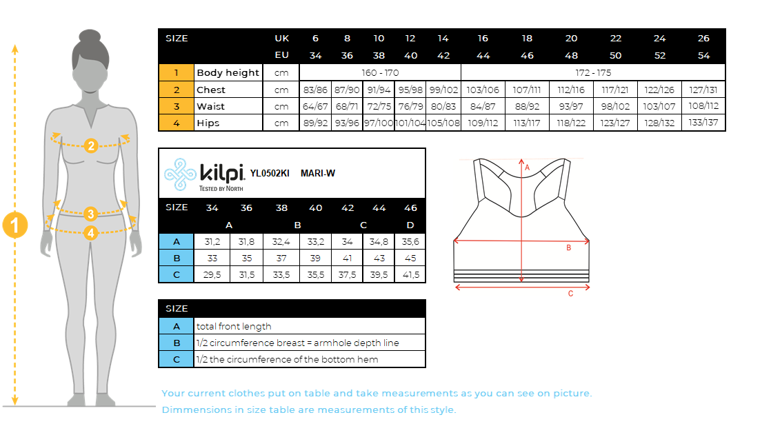 DONNAil reggiseno sportivo di Kilpi MARI-W – Size chart