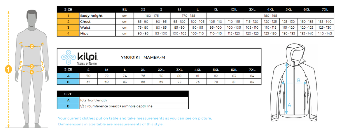 Men's waterproof hardshell jacket Kilpi MAMBA-M – Size chart