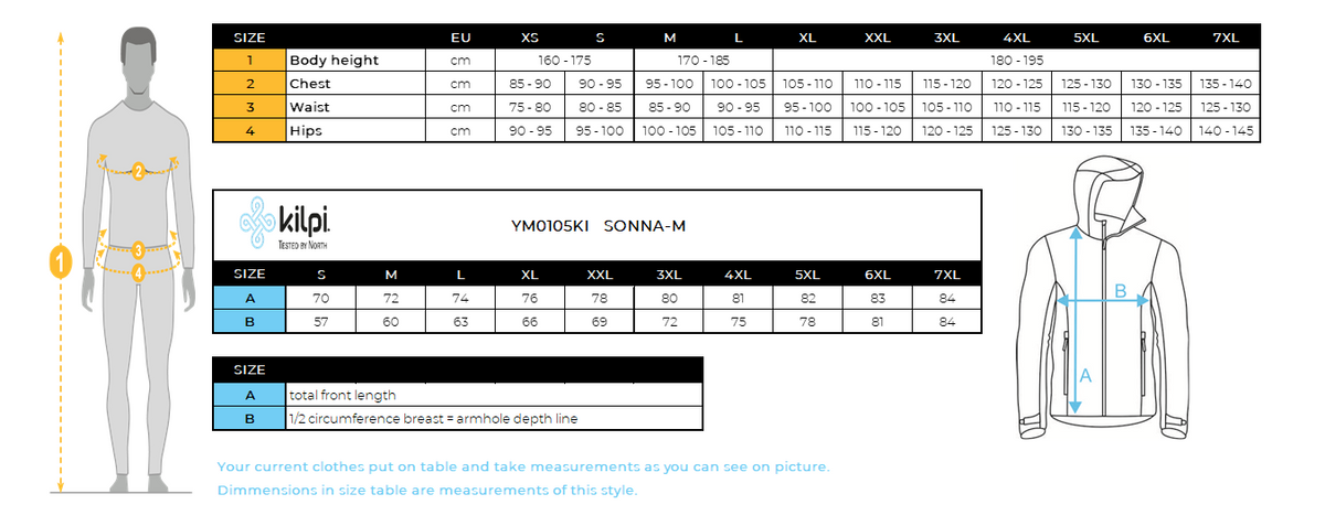 UOMOla giacca da esterno Kilpi SONNA-M – Size chart