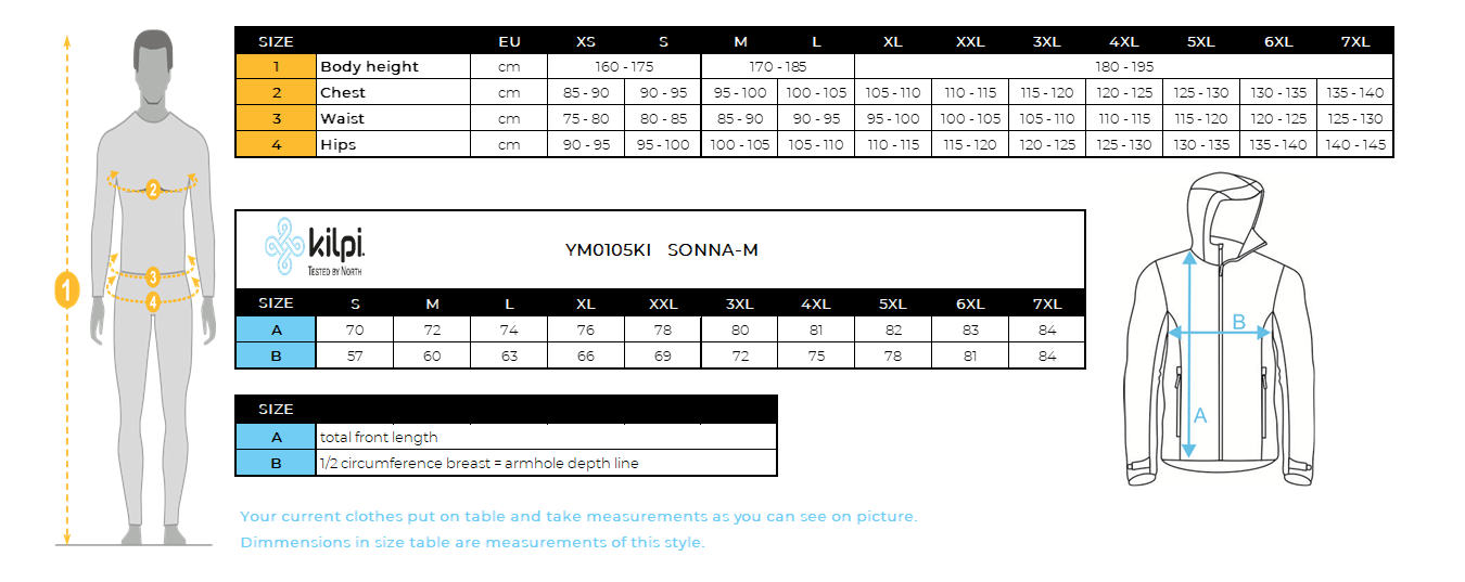 UOMOla giacca da esterno Kilpi SONNA-M – Size chart