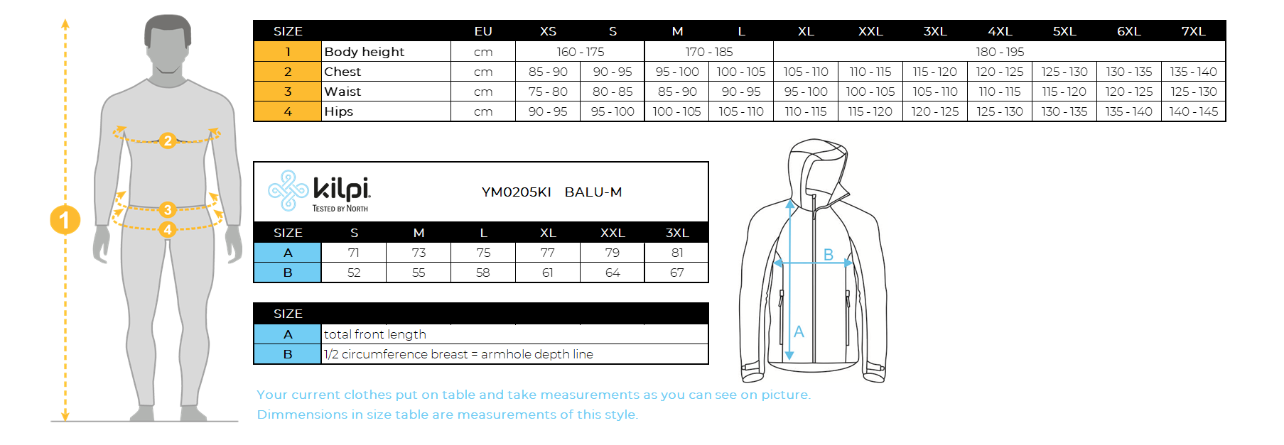 Felpa con cappuccio in cotone elegante e comoda Kilpi BALU-M – Size chart