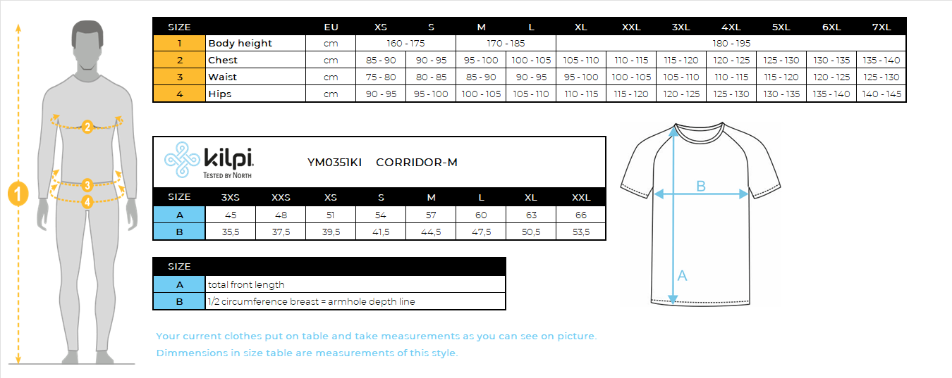 Men's cycling jersey Kilpi CORRIDOR-M – Size chart