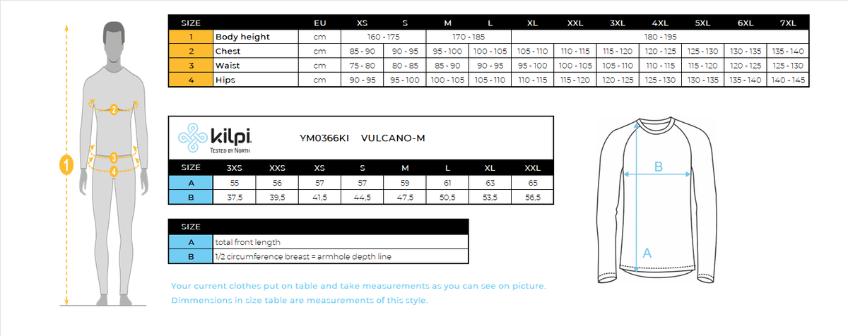 Men's cycling long sleeve jersey Kilpi VULCANO-M – Size chart