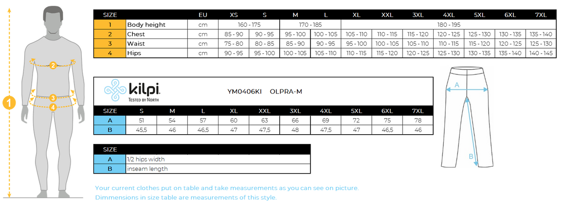 UOMOpantaloni da esterno a 3/4 Kilpi OLPRA-M – Size chart