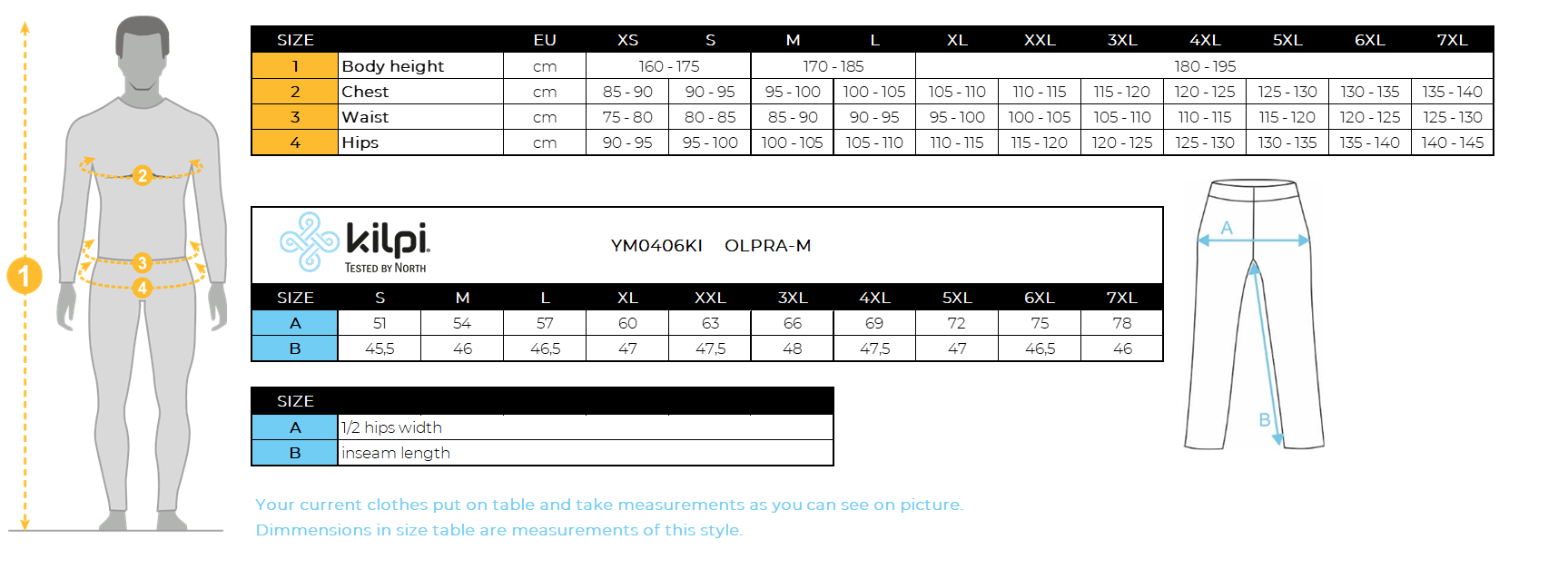 UOMOpantaloni da esterno a 3/4 Kilpi OLPRA-M – Size chart