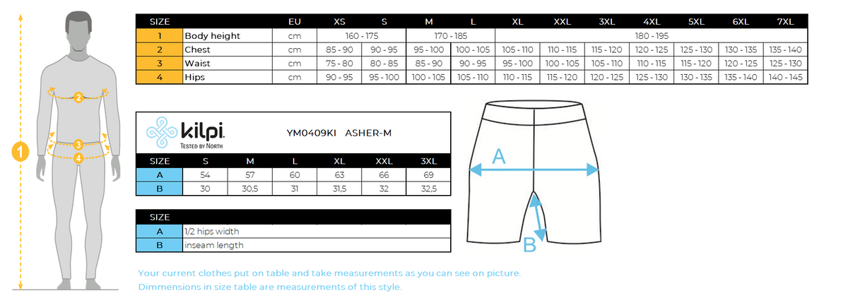 UOMOi pantaloncini da esterno Kilpi ASHER-M – Size chart