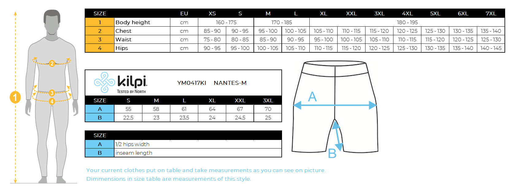 Men's fitness shorts Kilpi NANTES-M – Size chart
