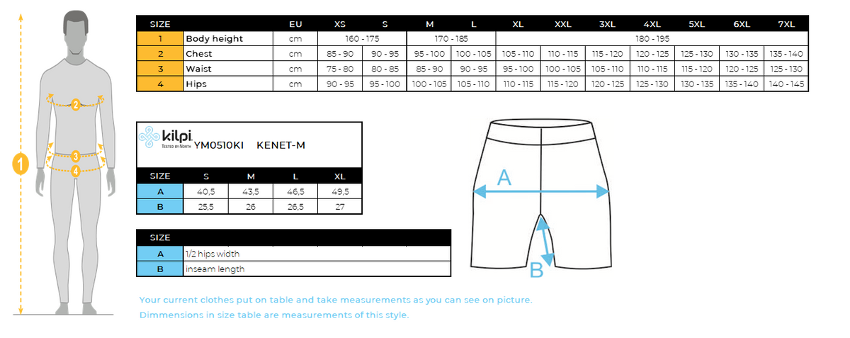 Men's functional underpants Kilpi KENET-M – Size chart