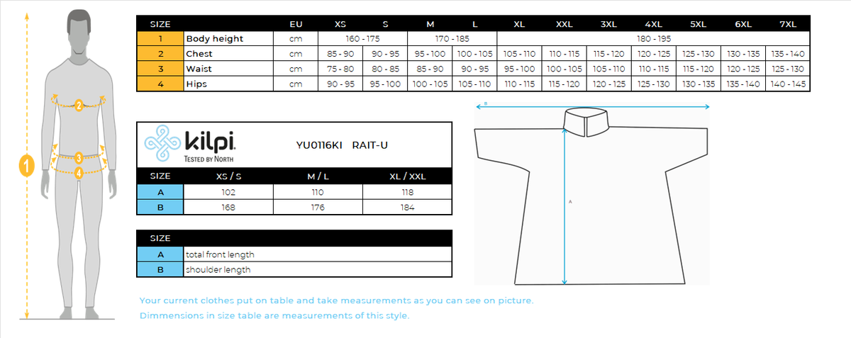 Impermeabile unisex Kilpi RAIT-U – Size chart