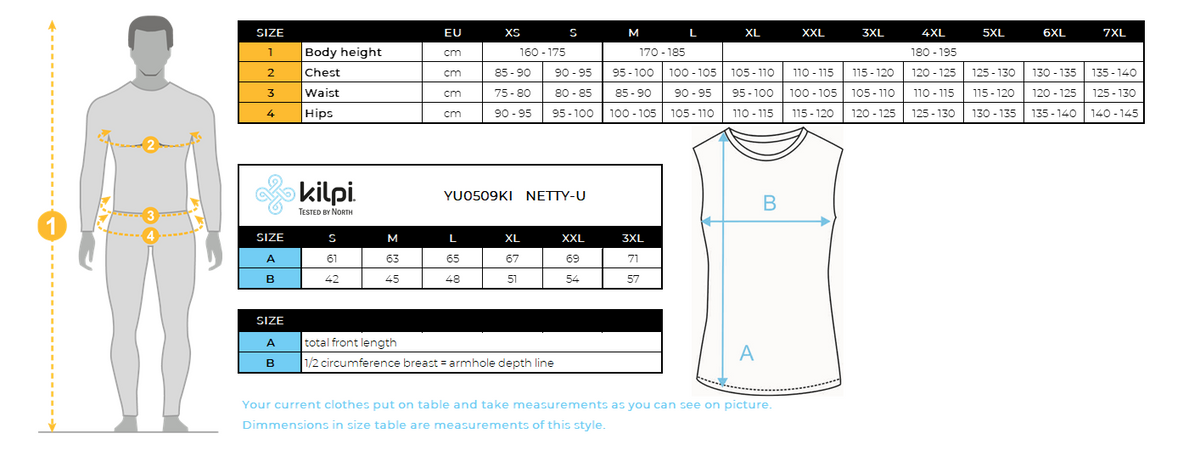 Top funzionale unisex Kilpi NETTY-U – Size chart