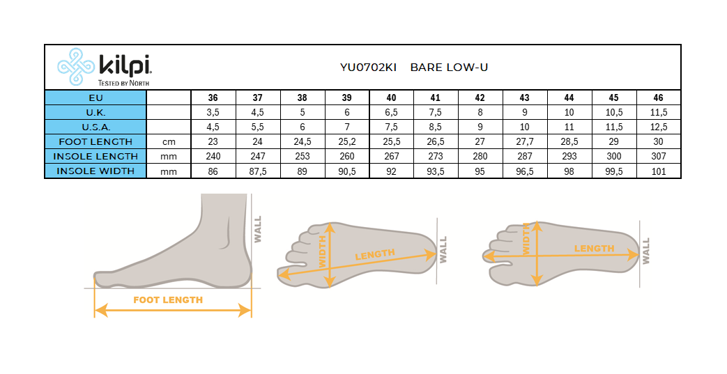 Outdoor barefoot shoes Kilpi BARELO LOW-U – Size chart