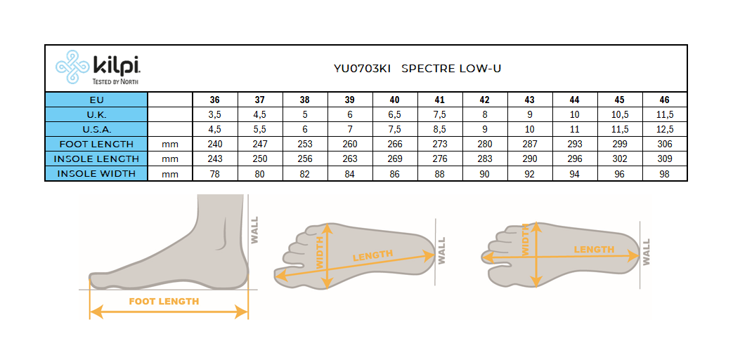 Outdoor shoes Kilpi SPECTER LOW-U – Size chart