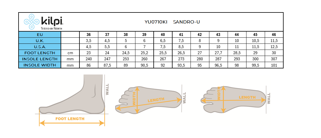 Sandali turistici unisex Kilpi SANDRO-U – Size chart