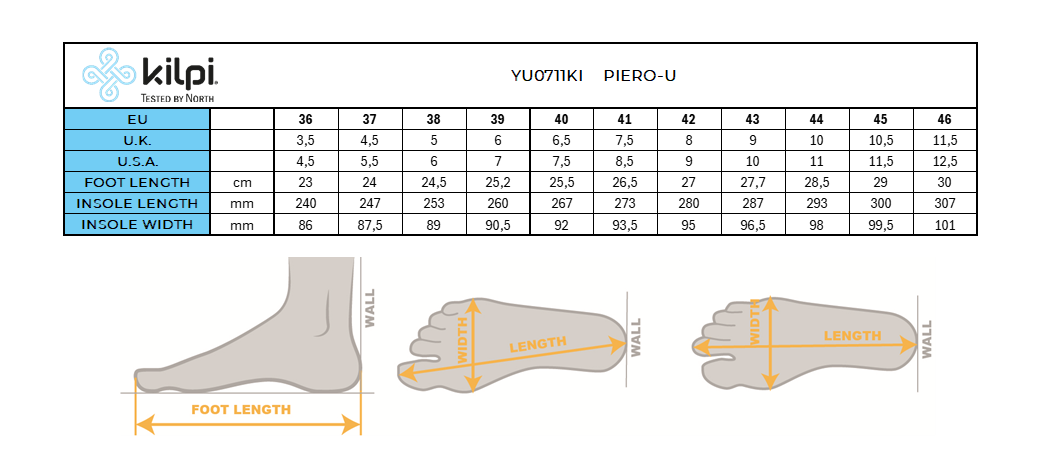 Sandali stile di vita Kilpi PIERO-U – Size chart