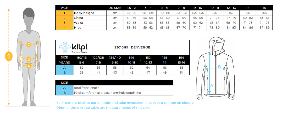 Giacca da sci da ragazzo Kilpi DENVER-JB – Size chart