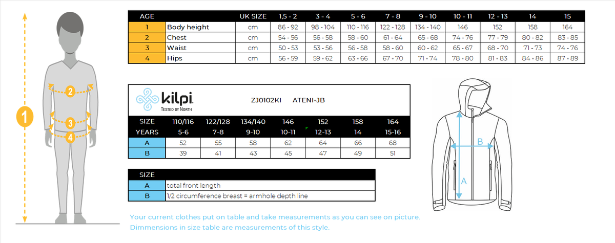 Boy's ski jacket Kilpi ATENI-JB – Size chart