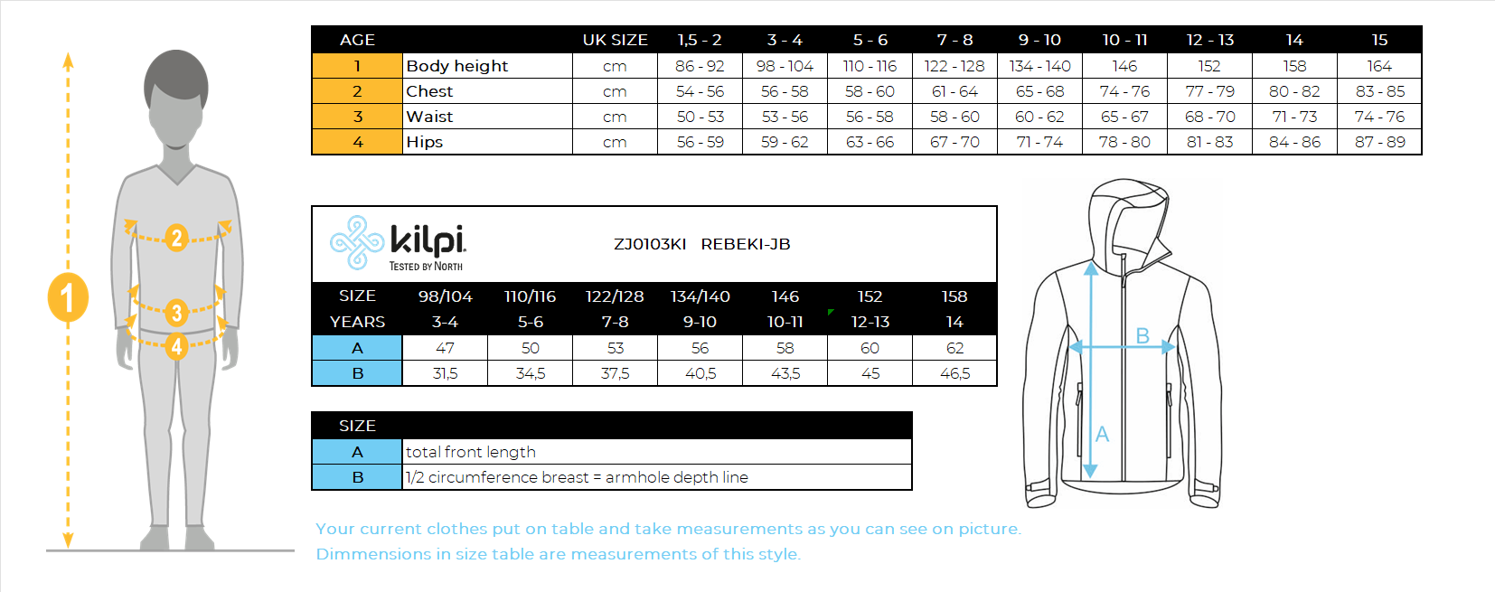Boy's insulated jacket Kilpi REBEKI-JB – Size chart