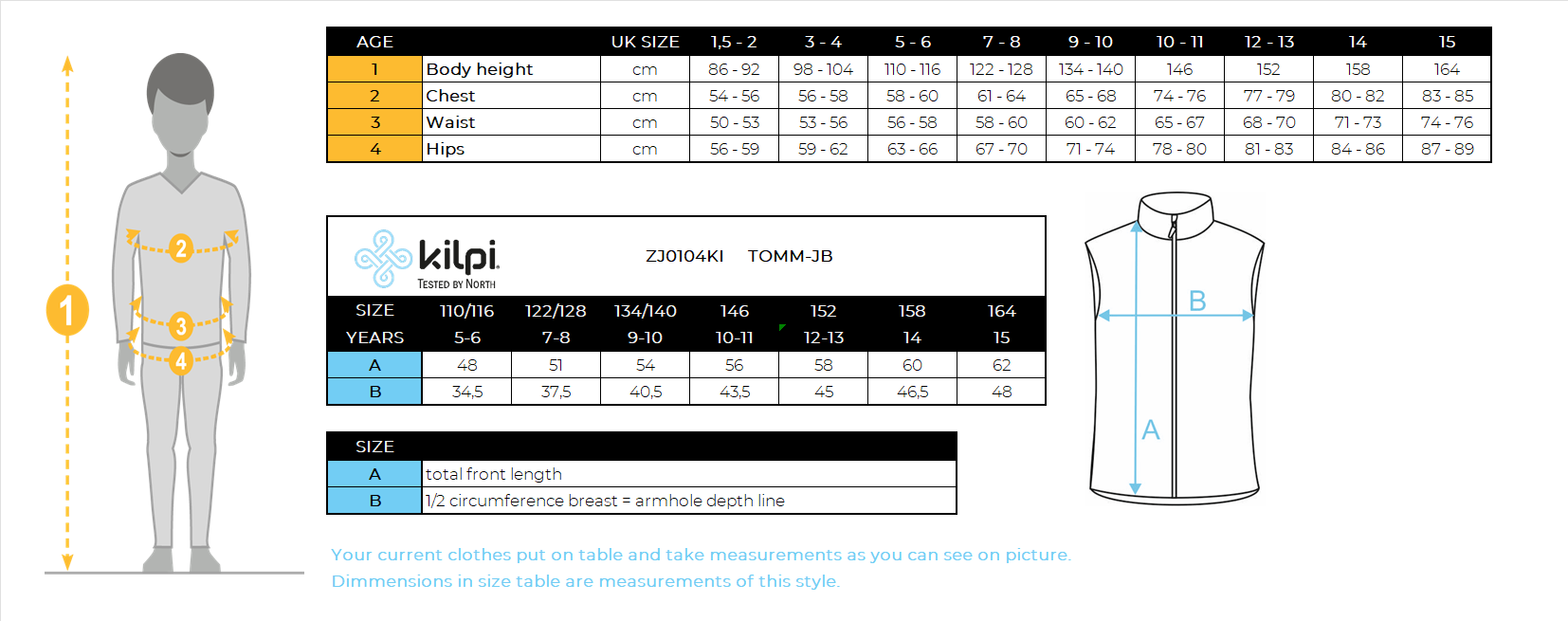 Gilet isolante da ragazzo Kilpi TOMM-JB – Size chart