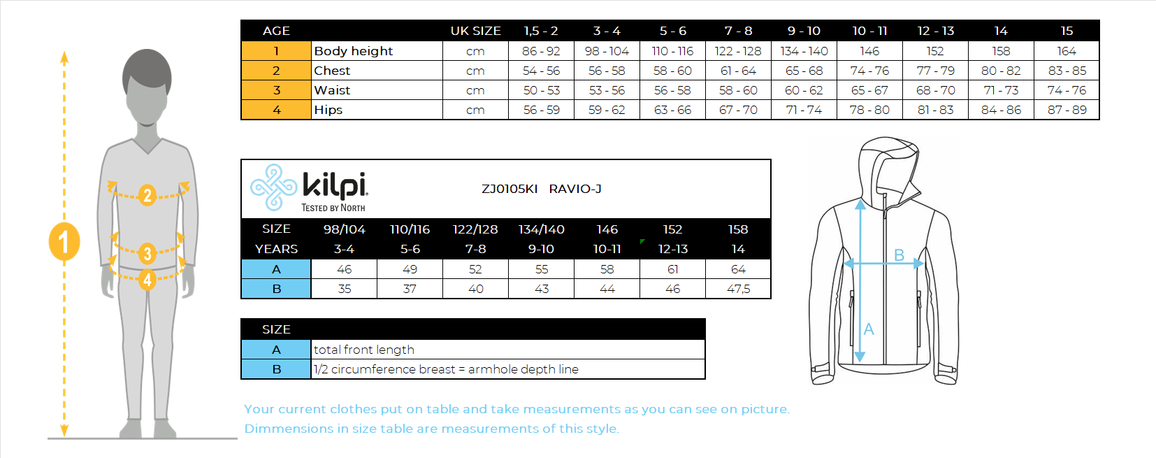 Kid's softshell jacket Kilpi RAVIO-J – Size chart