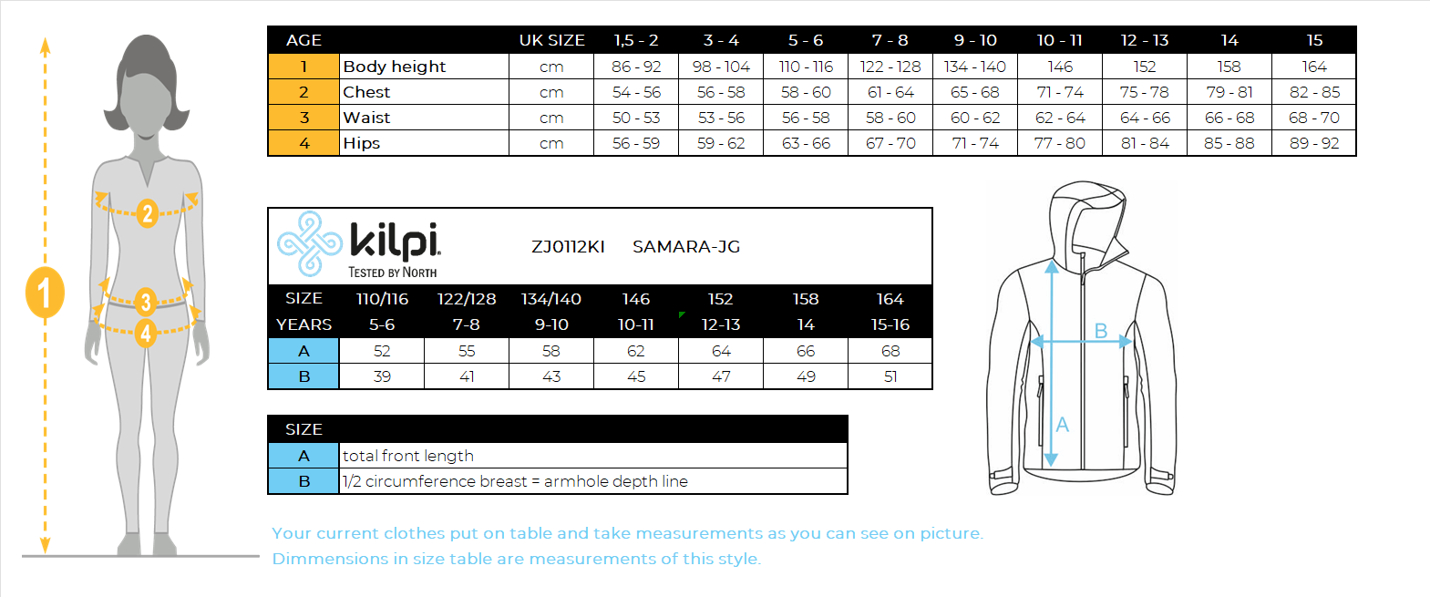 Girl's ski jacket Kilpi SAMARA-JG – Size chart