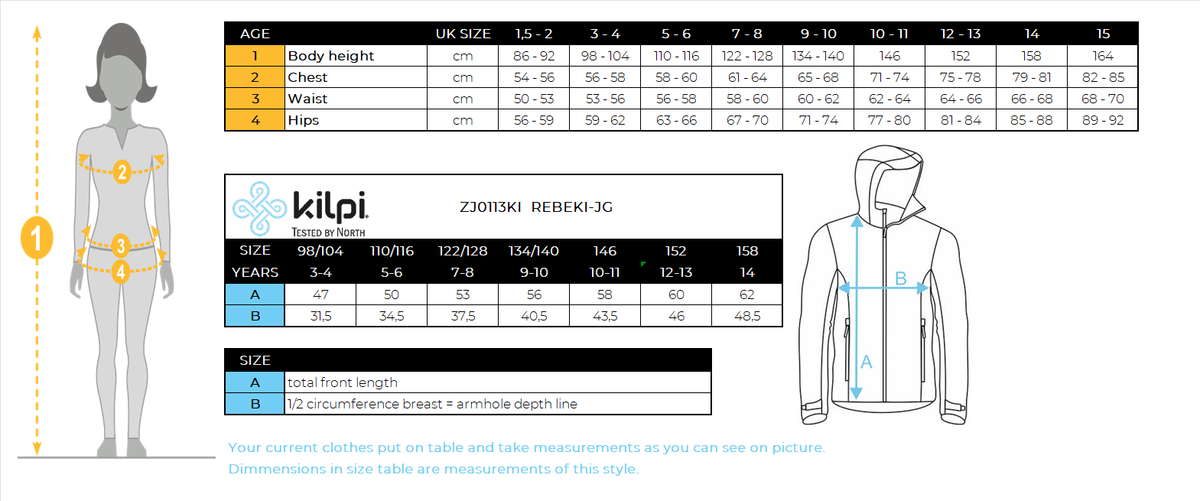 Giacca isolante da ragazza Kilpi REBEKI-JG – Size chart