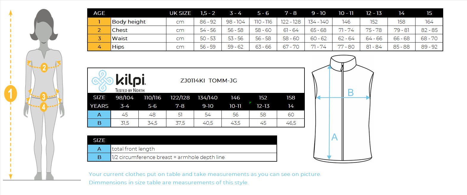 Girl's insulated vest Kilpi TOMM-JG – Size chart