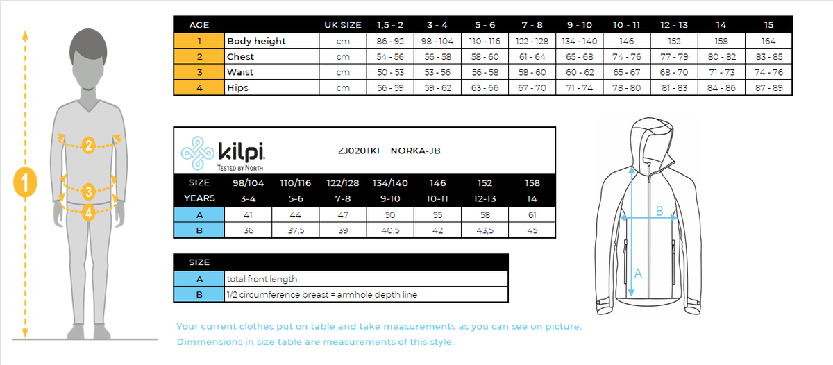 Boy's hairy fleece hoodie Kilpi NORKA-JB – Size chart