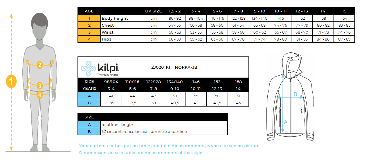 Boy's hairy fleece hoodie Kilpi NORKA-JB – Size chart