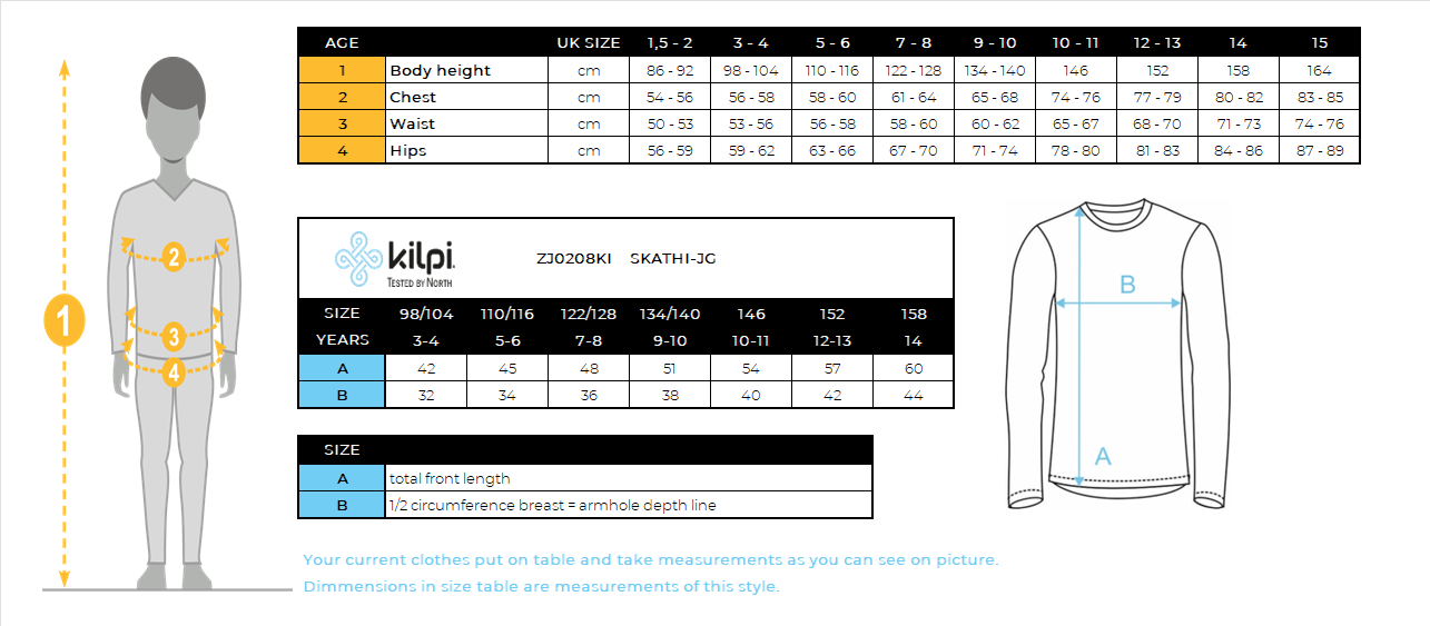 Girl's hairy fleece middle layer Kilpi SKATHI-JG – Size chart