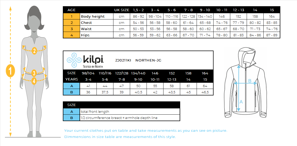 Girl's cotton hoodie Kilpi NORTHEN-JG – Size chart