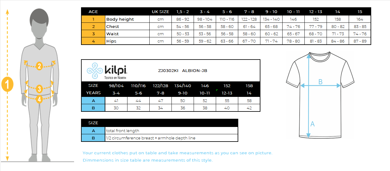 T-shirt in cotone da ragazzo Kilpi ALBION-JB – Size chart