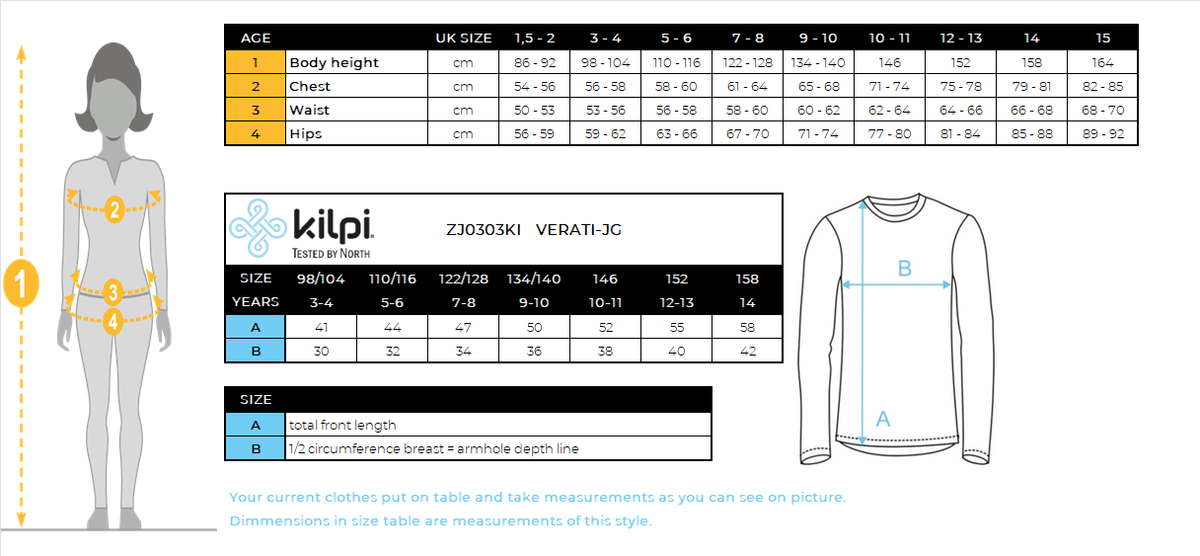 T-shirt da bambina in cotone a maniche lunghe Kilpi VERATI-JG – Size chart