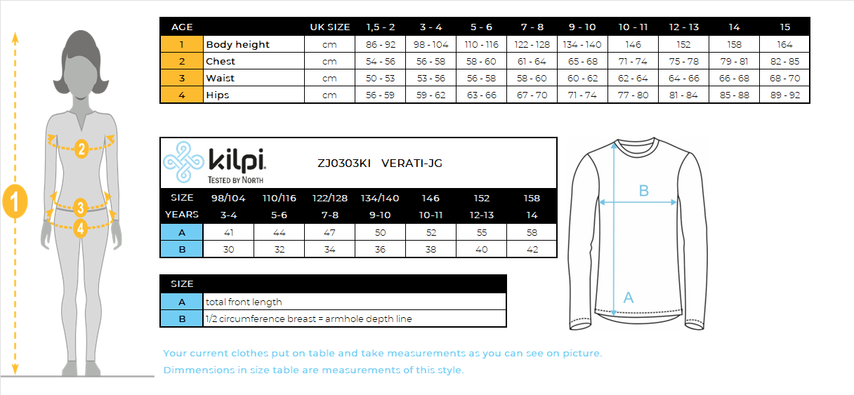 T-shirt da bambina in cotone a maniche lunghe Kilpi VERATI-JG – Size chart