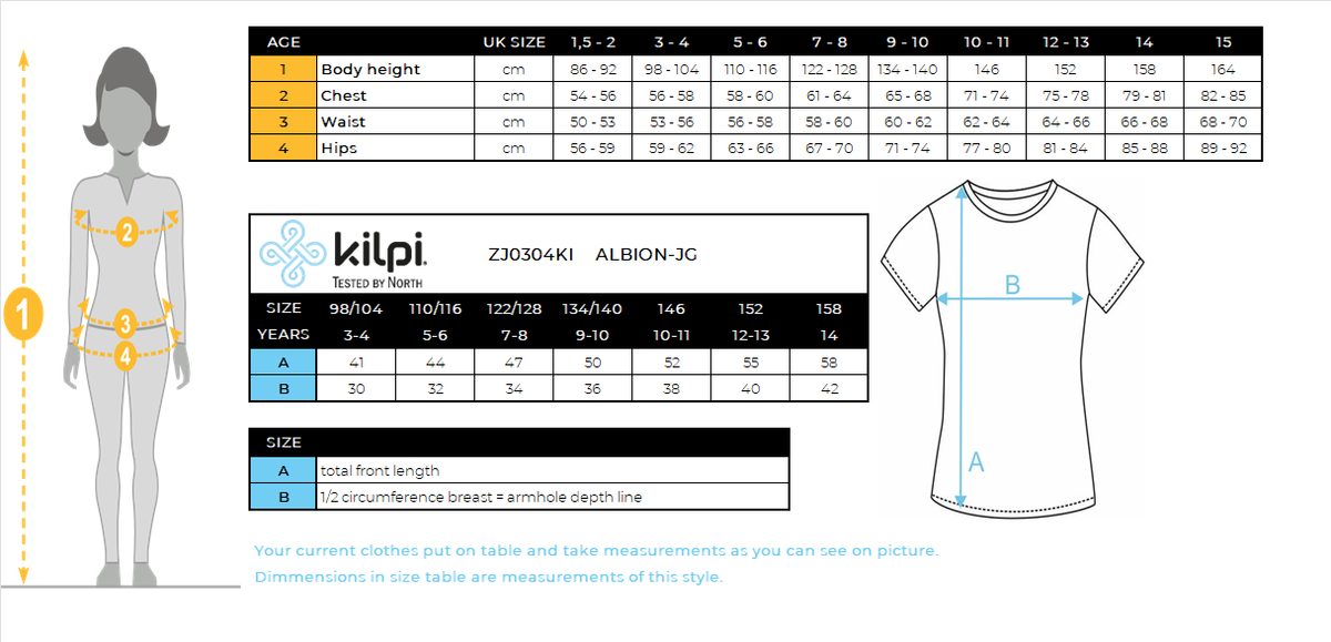T-shirt in cotone da bambina Kilpi ALBION-JG – Size chart
