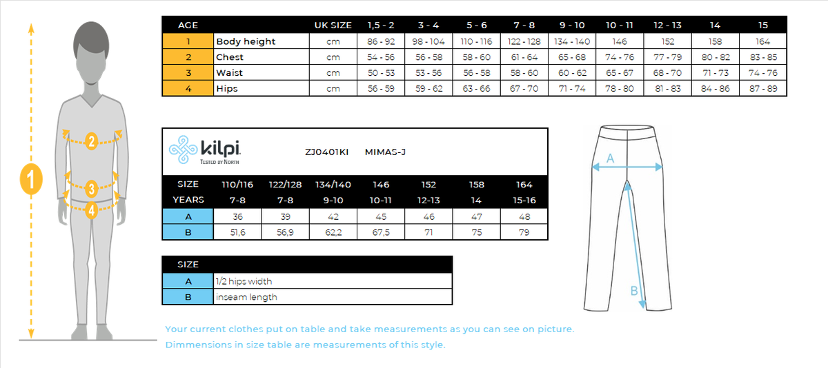 Kid's ski pants Kilpi MIMAS-J – Size chart
